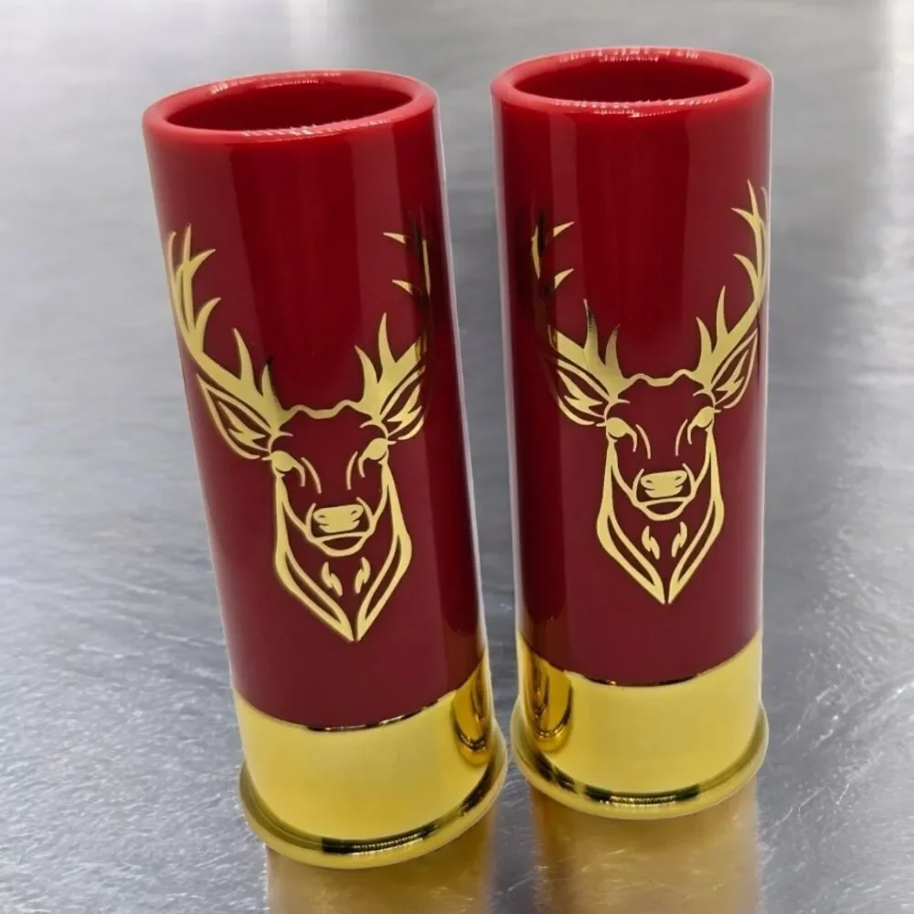 Gift Box Set 12 Gauge Shotgun Shell Red Shot Glasses Gold Deer Novelty Barware